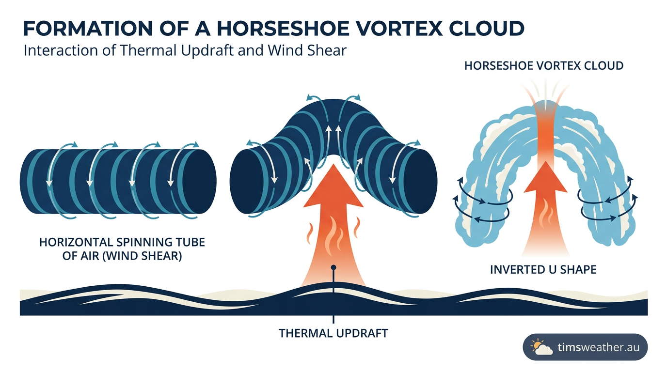Infographic showing the upward and downward air motions creating a horseshoe vortex cloud formation.