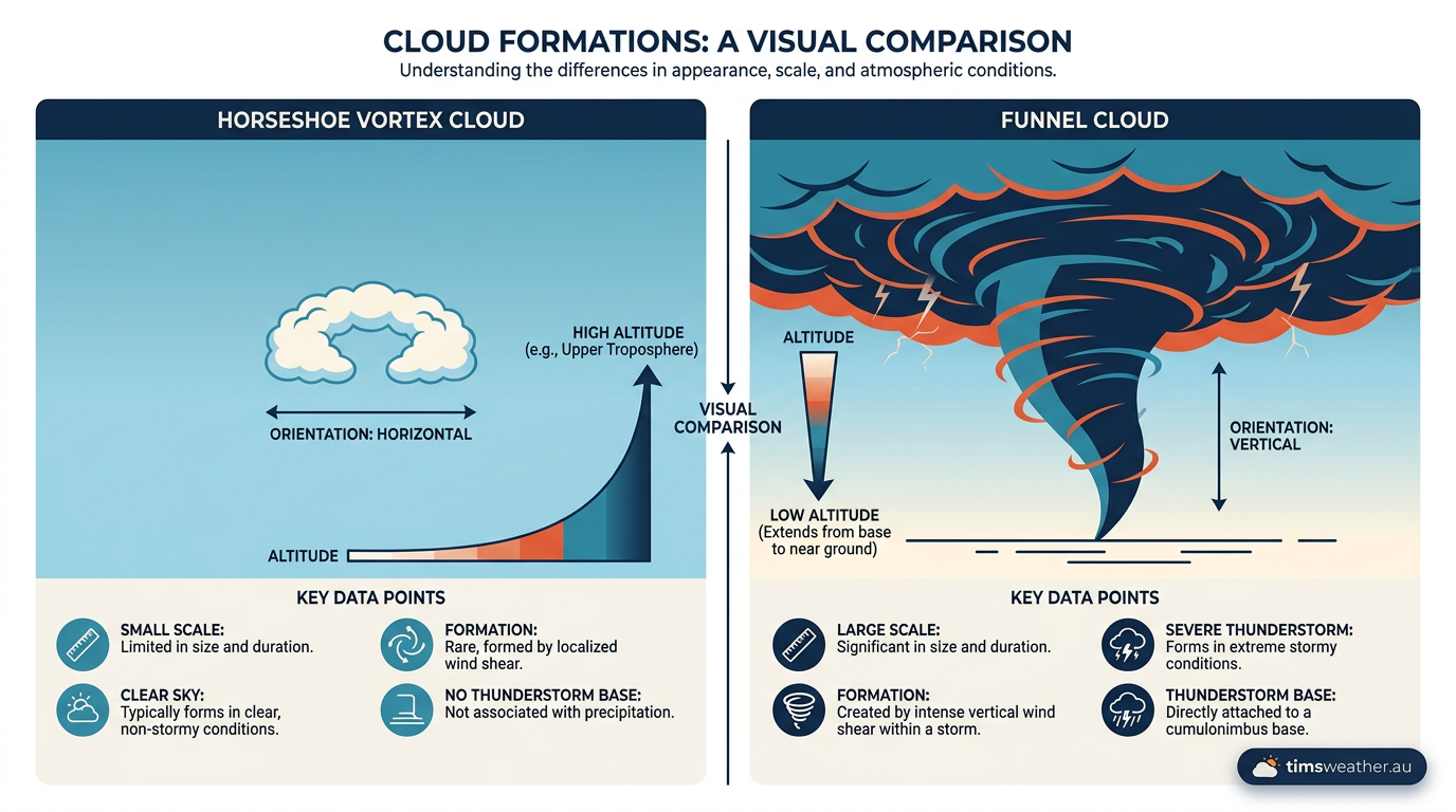 Comparison graphic highlighting the differences between a harmless atmospheric horseshoe and a dangerous funnel cloud.