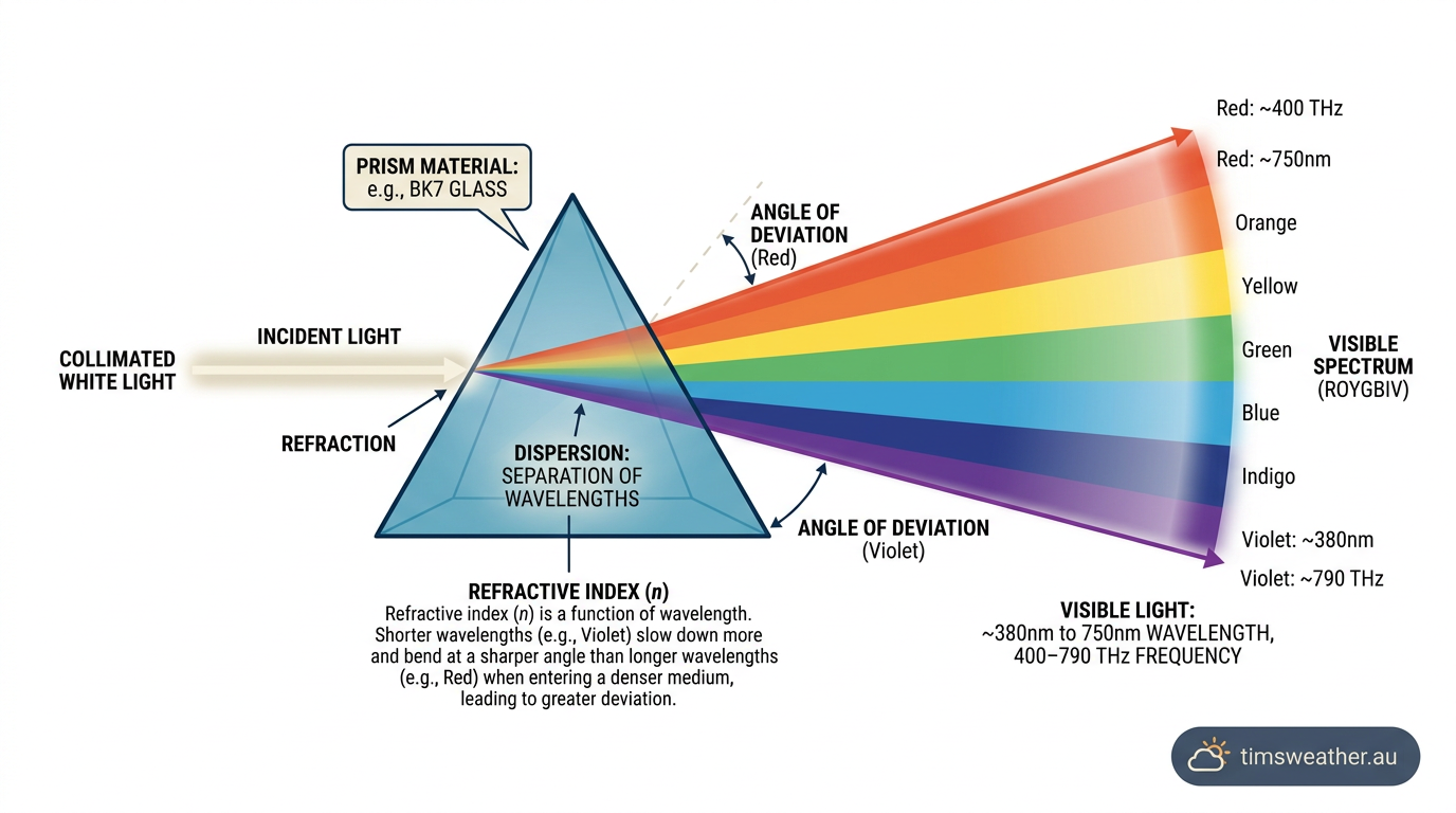Diagram demonstrating how white light scatters into colours when passing through a refracting medium.