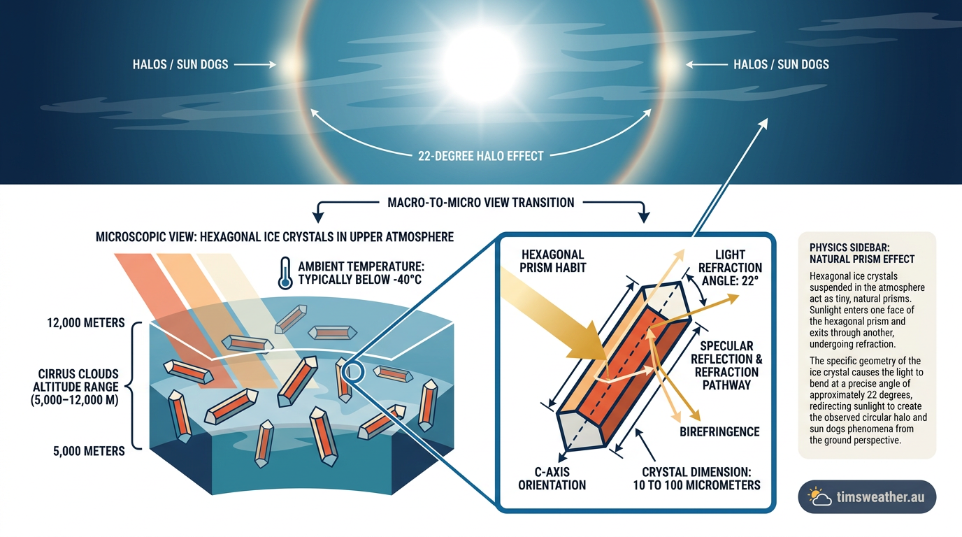 Illustration of hexagonal ice columns that cause solar halos in the upper troposphere.