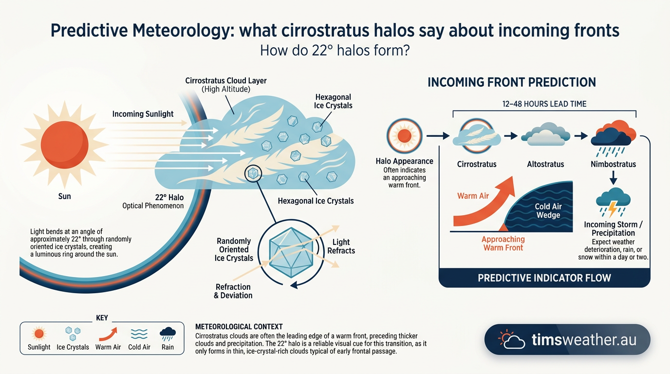 Diagram explaining predictive meteorology: what cirrostratus halos say about incoming fronts