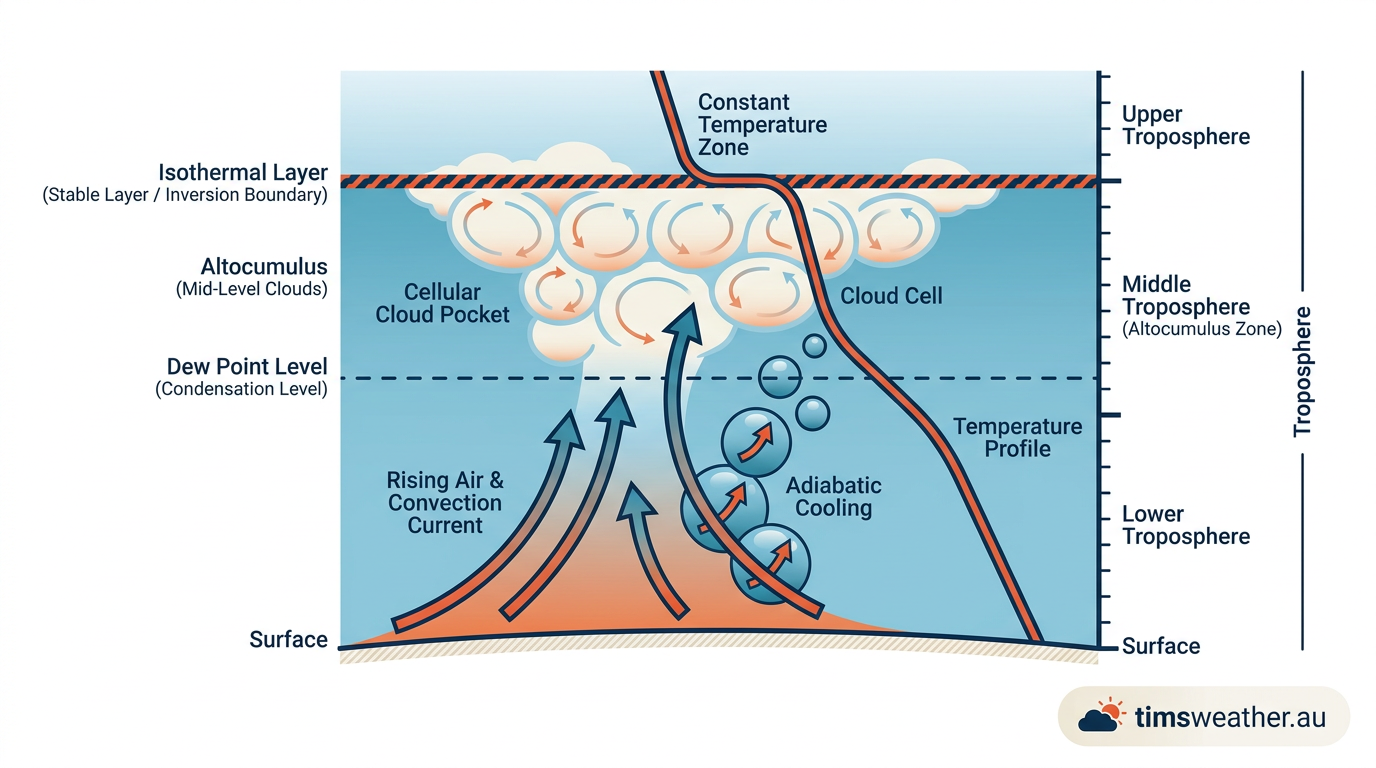 Diagram showing altocumulus formation through adiabatic cooling and atmospheric stability.