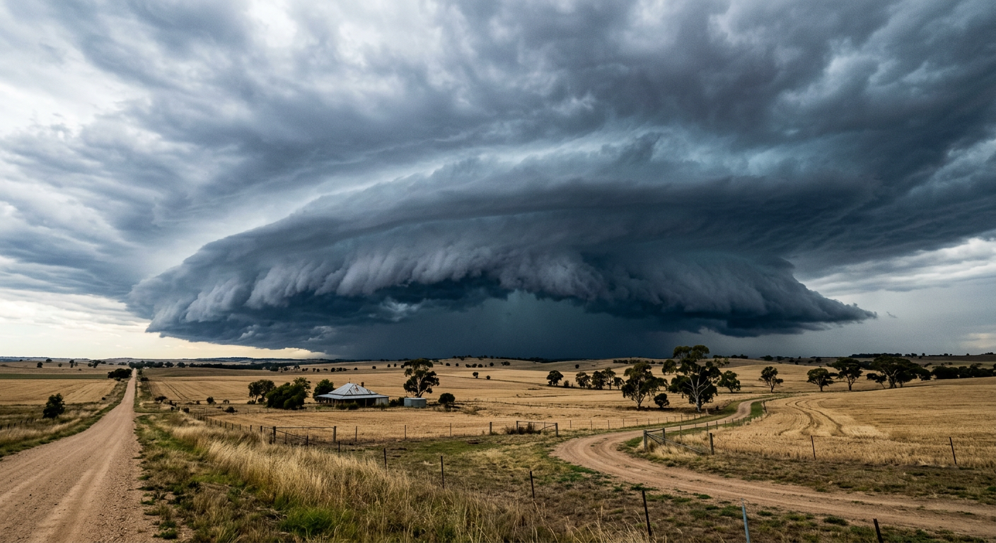 A large dark shelf cloud advancing over a field, showing arcus cloud formation on a gust front