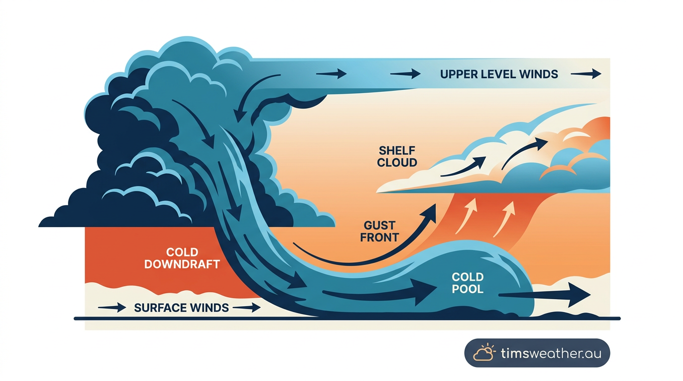 Diagram showing a downdraft, outflow boundary and shelf cloud formation
