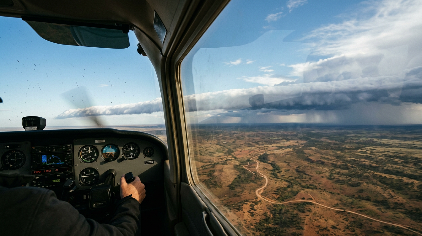 An outflow boundary visible as a line of arcus clouds from an aviation perspective