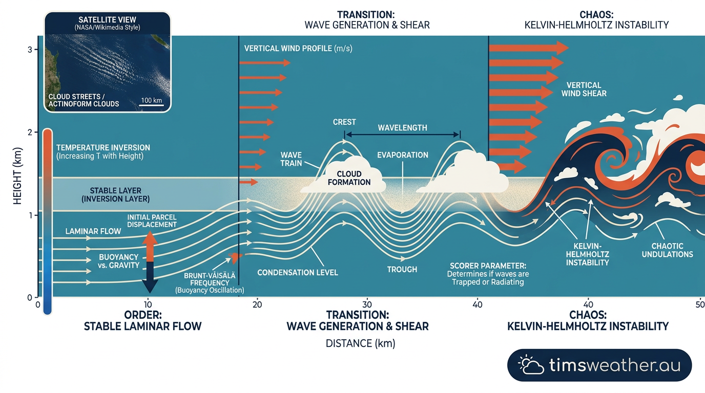 Diagram explaining atmospheric gravity waves and vertical wind shear forming asperitas clouds