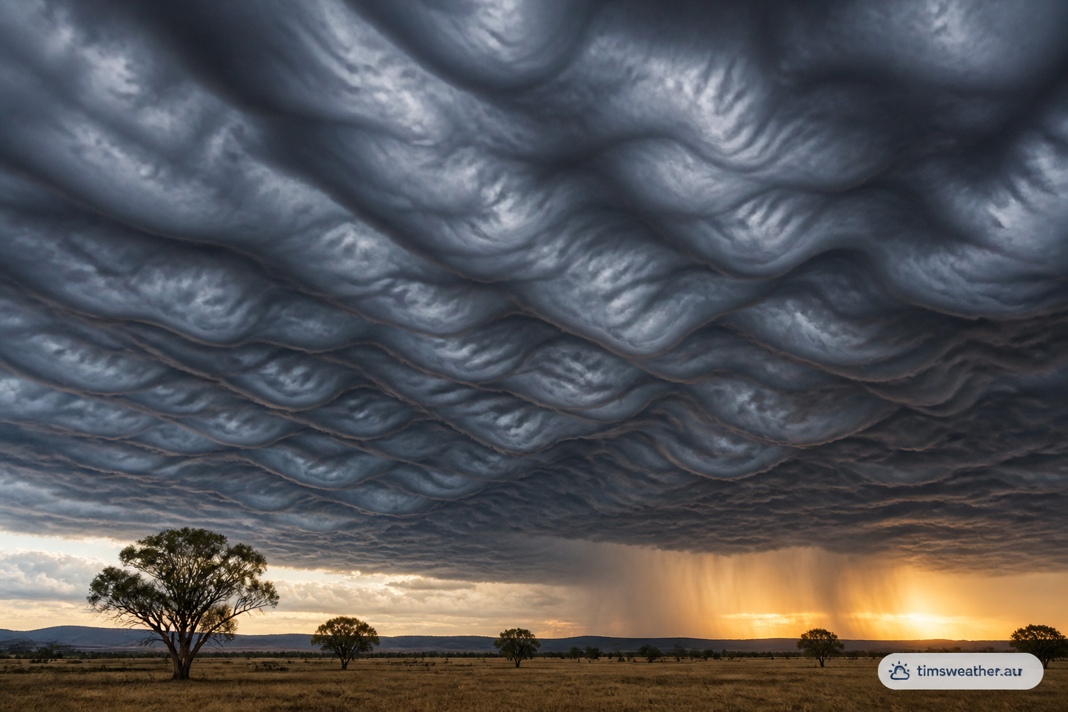 Wide view of dramatic asperitas clouds filling the sky before a thunderstorm