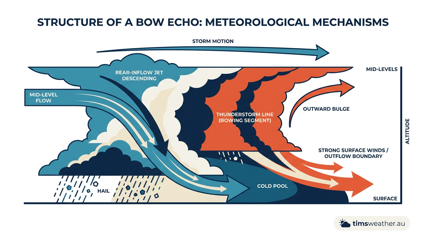 Diagram explaining how do bow echoes form with a rear inflow jet and cold pool interaction.