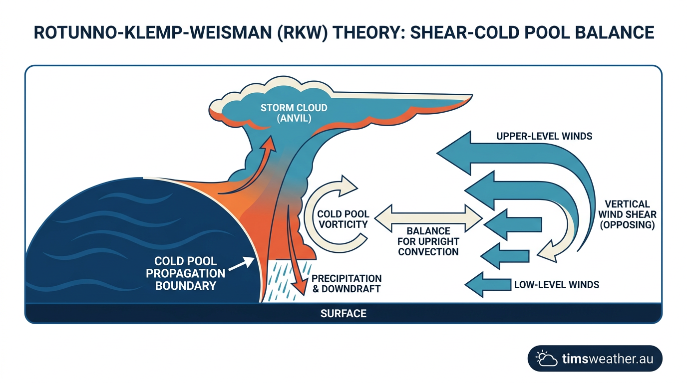 RKW theory diagram showing the balance between wind shear and cold pool propagation in convective storms.