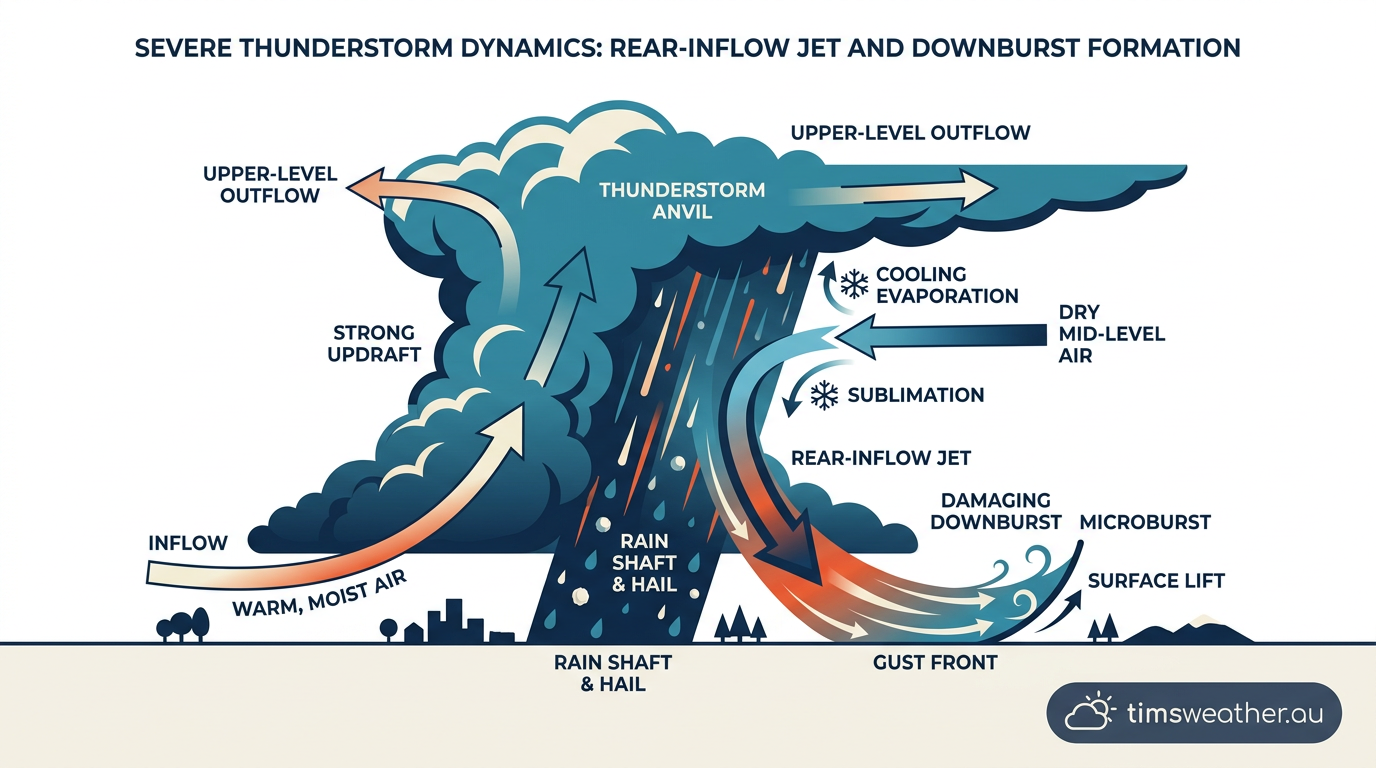 Cross section of a rear-inflow jet showing dry air descending to create straight-line wind damage.