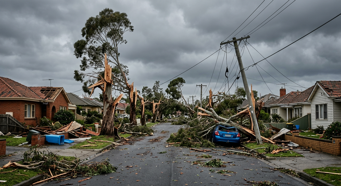 Severe straight-line wind damage from a bow echo showing snapped trees and damaged roofs.