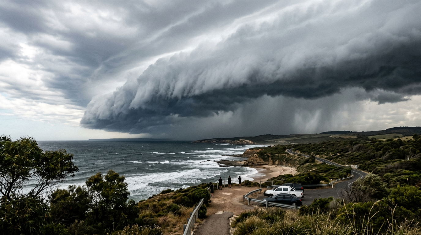 An intense shelf cloud marking the leading edge of a severe squall line moving across the coast.