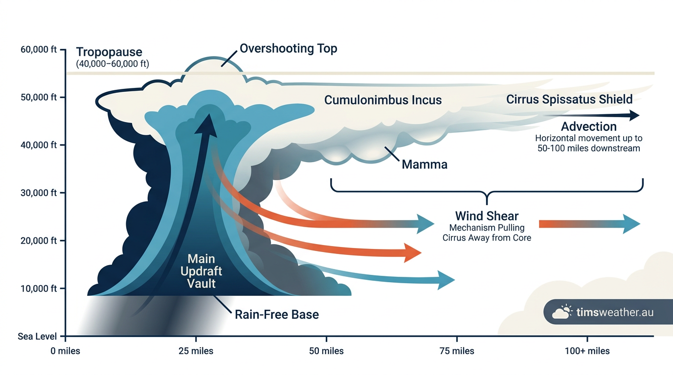 Convective outflow from a distant thunderstorm creating a dense shield of cirrus spissatus overhead.