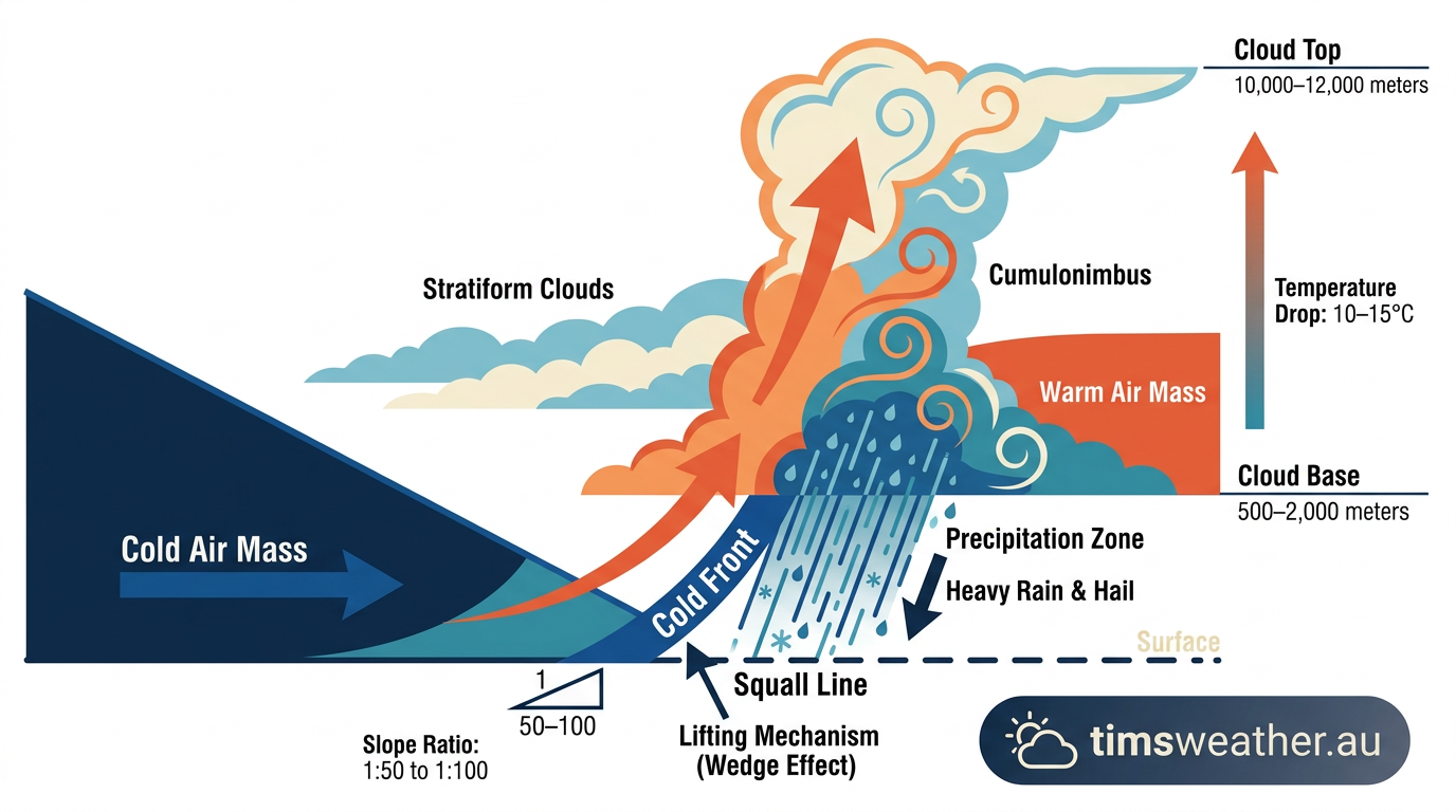 Infographic demonstrating how do cold fronts form by wedging cold air under warm air