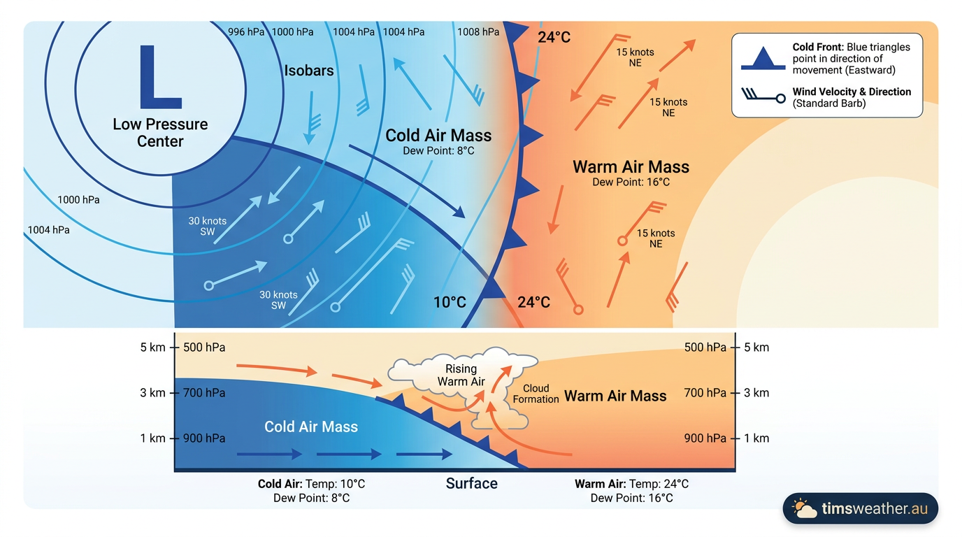 Surface weather analysis chart showing a cold front with blue triangles