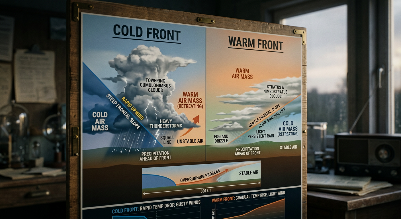 Comparison infographic showing the structural differences between cold and warm fronts