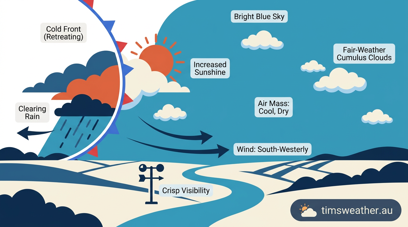 Clear blue skies and dropping humidity following the passage of a cold front