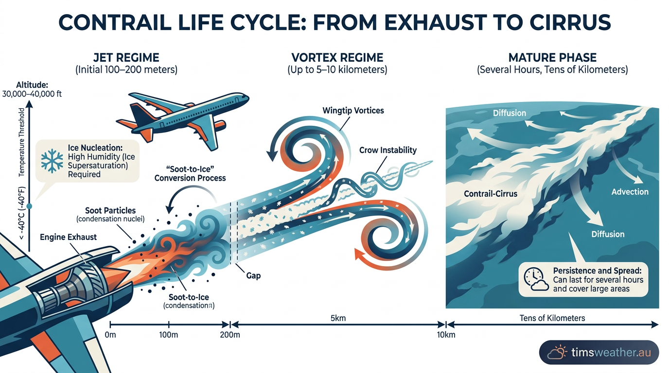 Diagram showing how contrails form and spread into cirrus clouds over time.