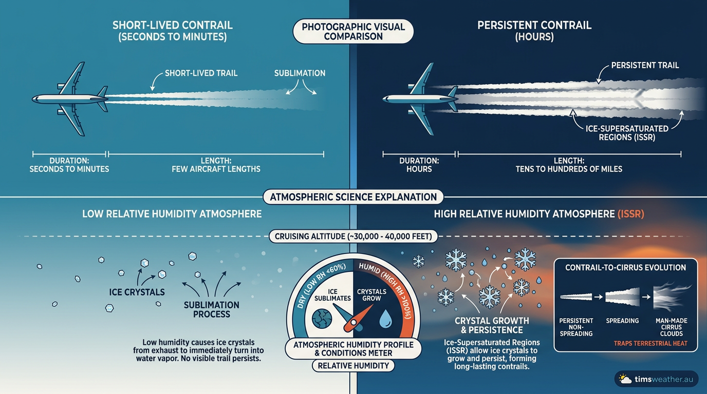 A comparison between short-lived condensation trails and persistent spreading contrails in different relative humidity levels.