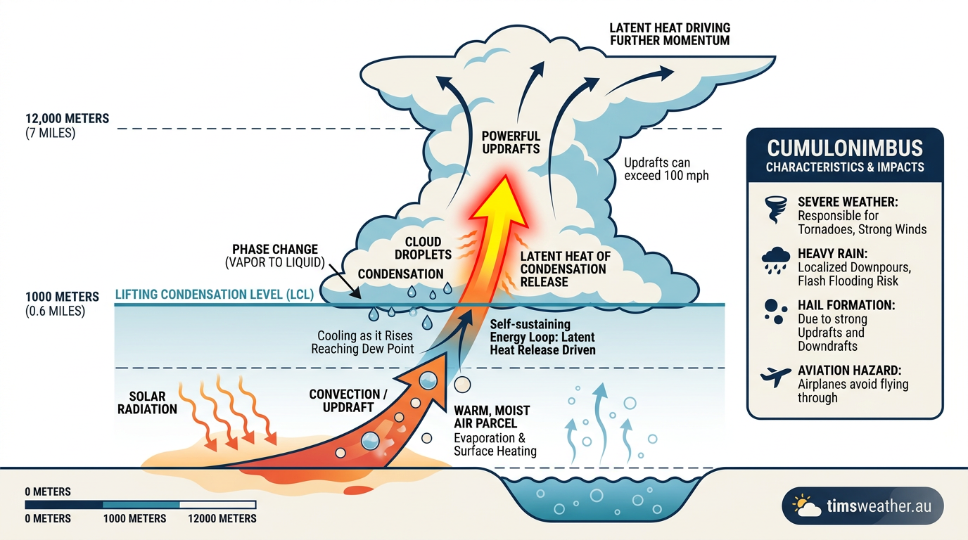 Infographic showing how cumulonimbus clouds form through rising moisture and condensation.