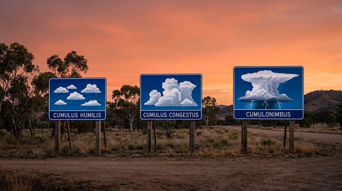 Visual progression of a fair-weather cumulus cloud growing into a severe storm cell due to atmospheric instability.