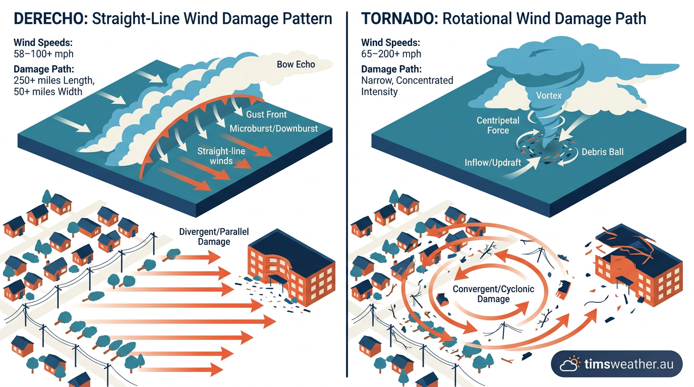 Infographic showing how do derechos form straight-line wind damage compared to rotational tornado damage.
