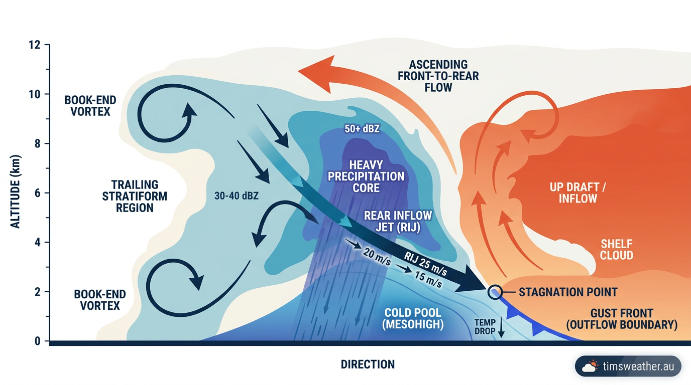 Cross-section diagram illustrating bow echo formation and the mechanics of a rear inflow jet.