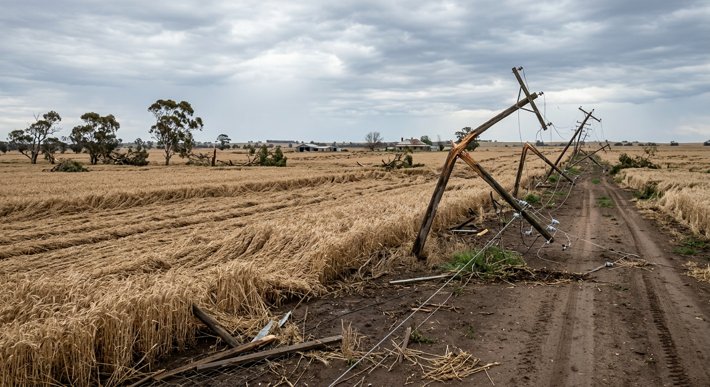 Widespread straight-line wind damage across a rural sector caused by a fast-moving convective windstorm.