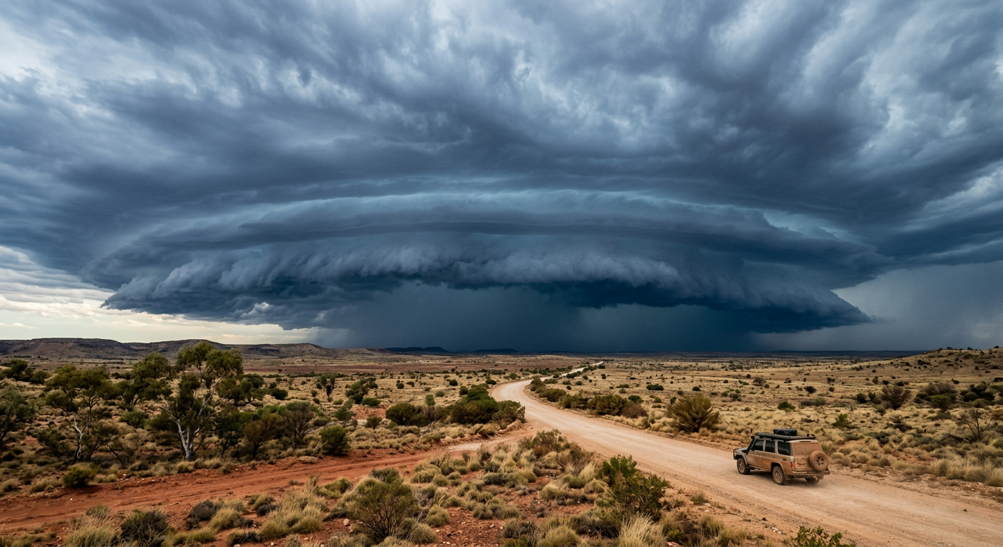 A threatening shelf cloud leading a severe thunderstorm squall line across the Australian outback.