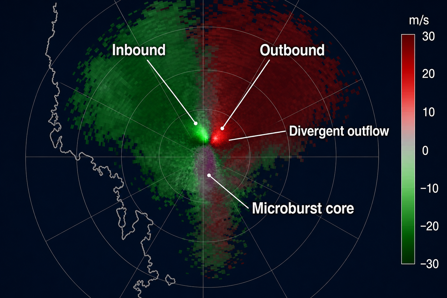 Doppler radar velocity display showing the inbound and outbound couplet of a microburst divergent outflow.