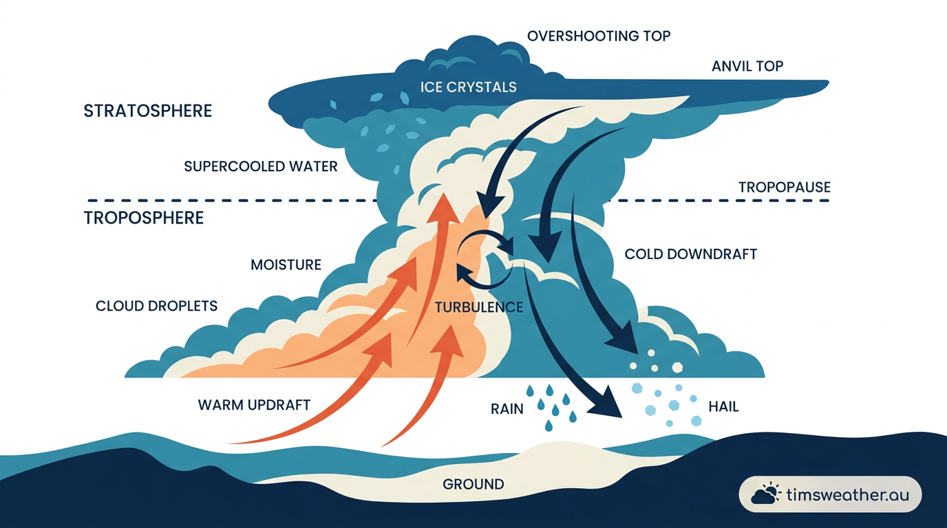 Diagram explaining how do downbursts form through convective downdrafts and evaporative cooling.