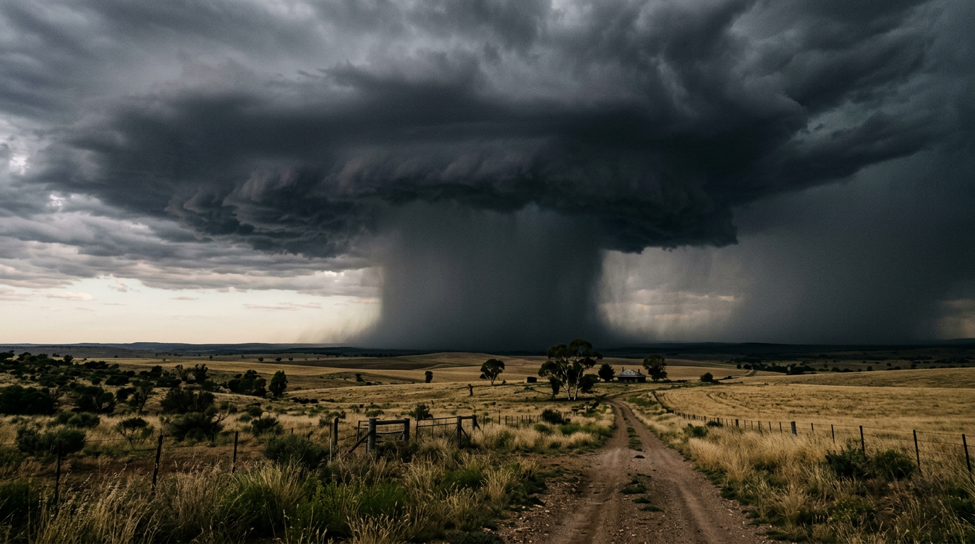 A severe thunderstorm displaying a heavy rain shaft indicative of a strong convective downdraft.
