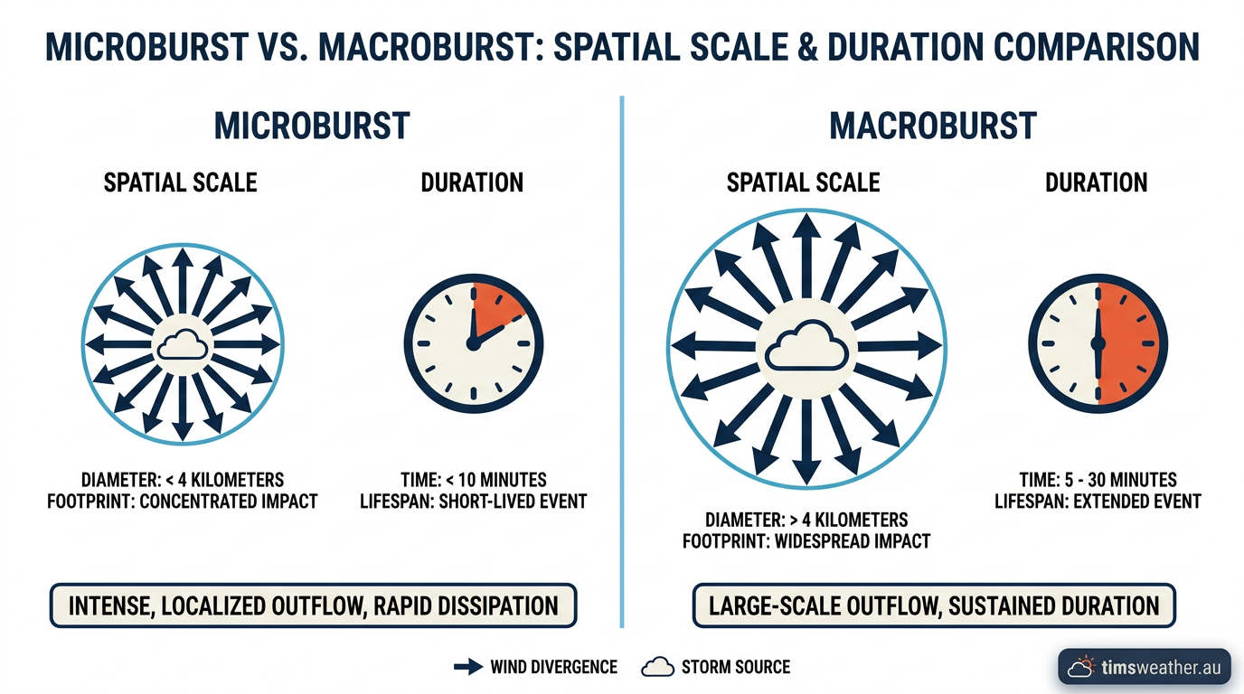 Comparison diagram showing the size and duration differences between a microburst and a macroburst.