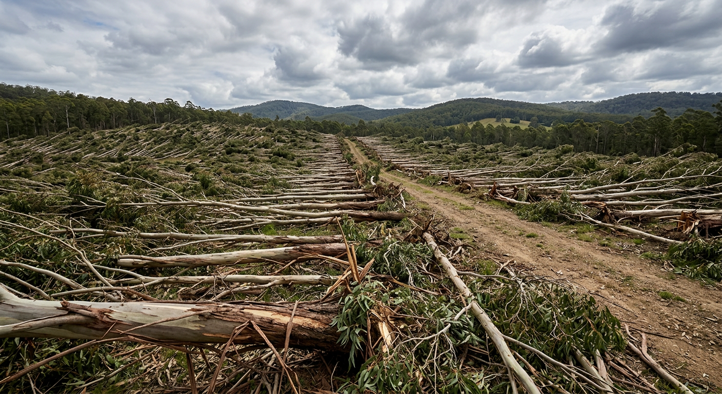 Starburst damage pattern in a forest caused by severe straight-line winds from a downburst.