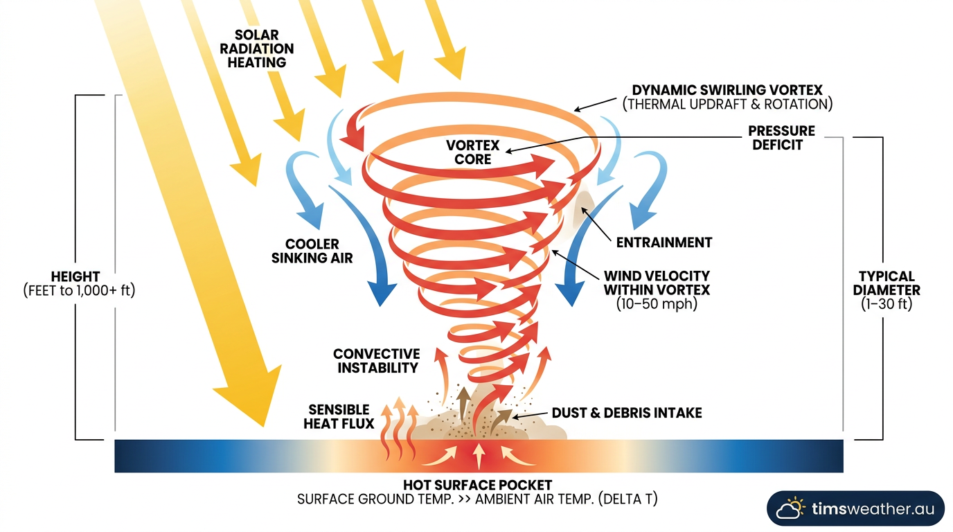 Infographic detailing the surface heating and rotating updraft mechanism that forms a dust devil.