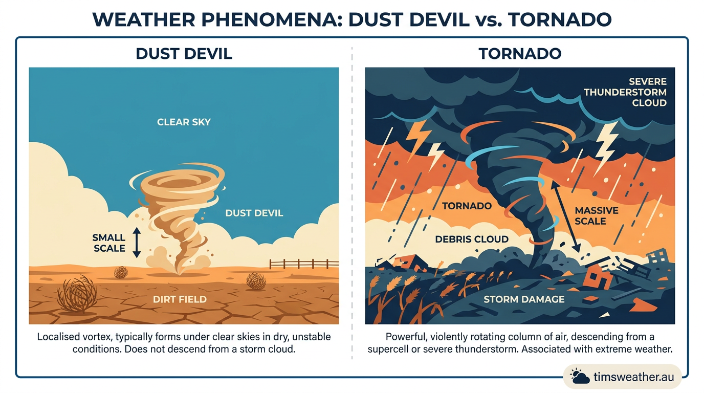Side-by-side comparison of a fair-weather dust devil and a severe thunderstorm tornado.