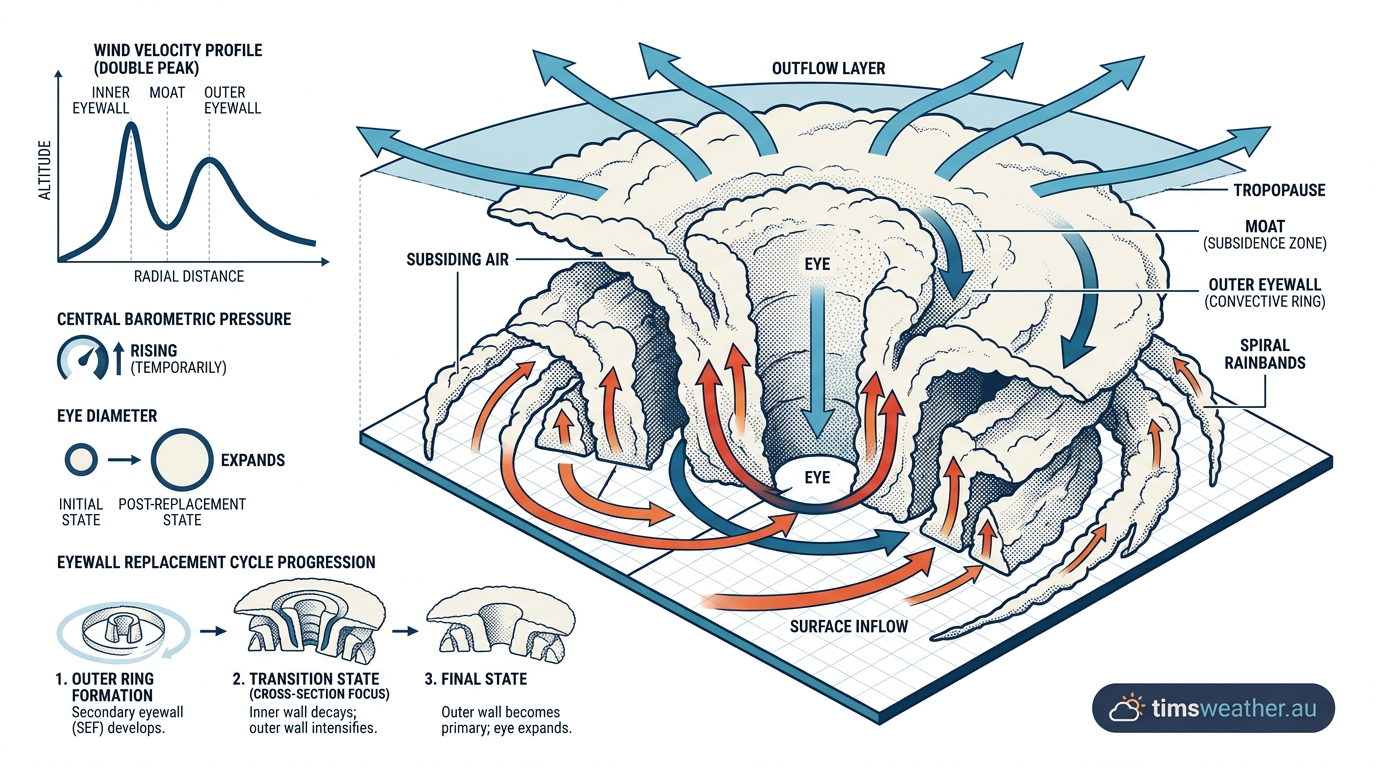 Cross-section diagram illustrating the mechanics of an eyewall replacement cycle with inner and outer concentric eyewalls.