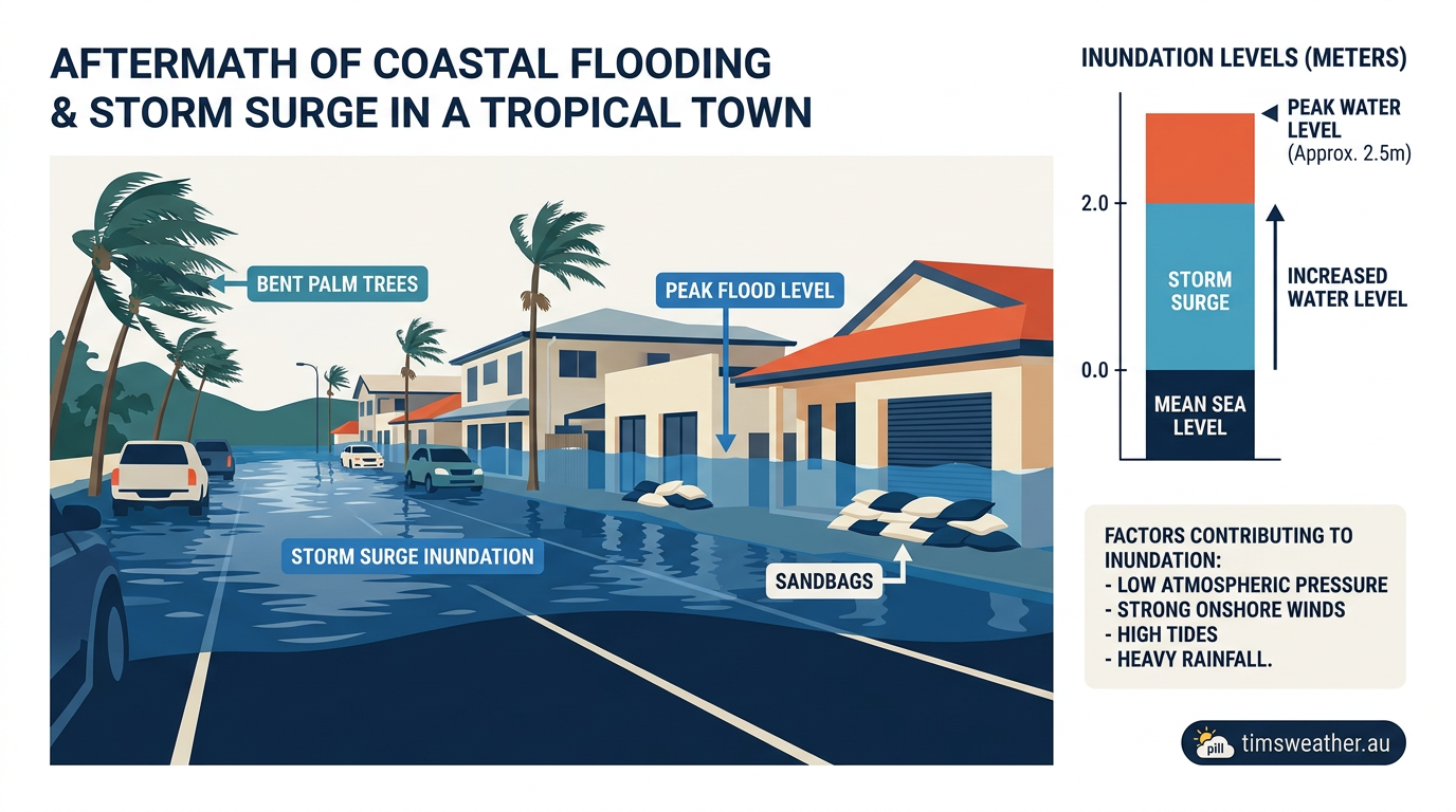 Coastal town experiencing extensive storm surge flooding following a severe tropical cyclone.