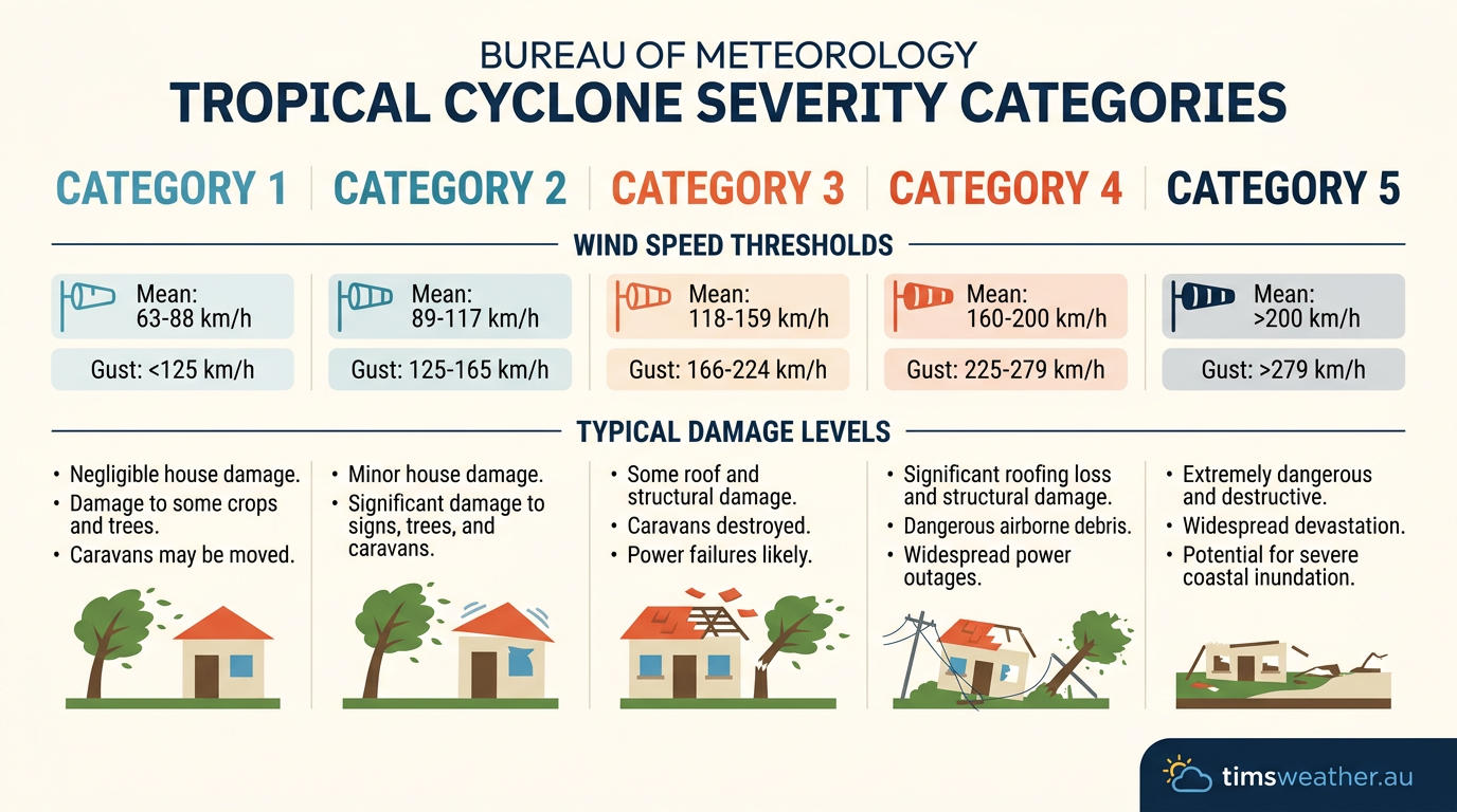 Bureau of Meteorology tropical cyclone severity scale showing Categories 1 to 5.