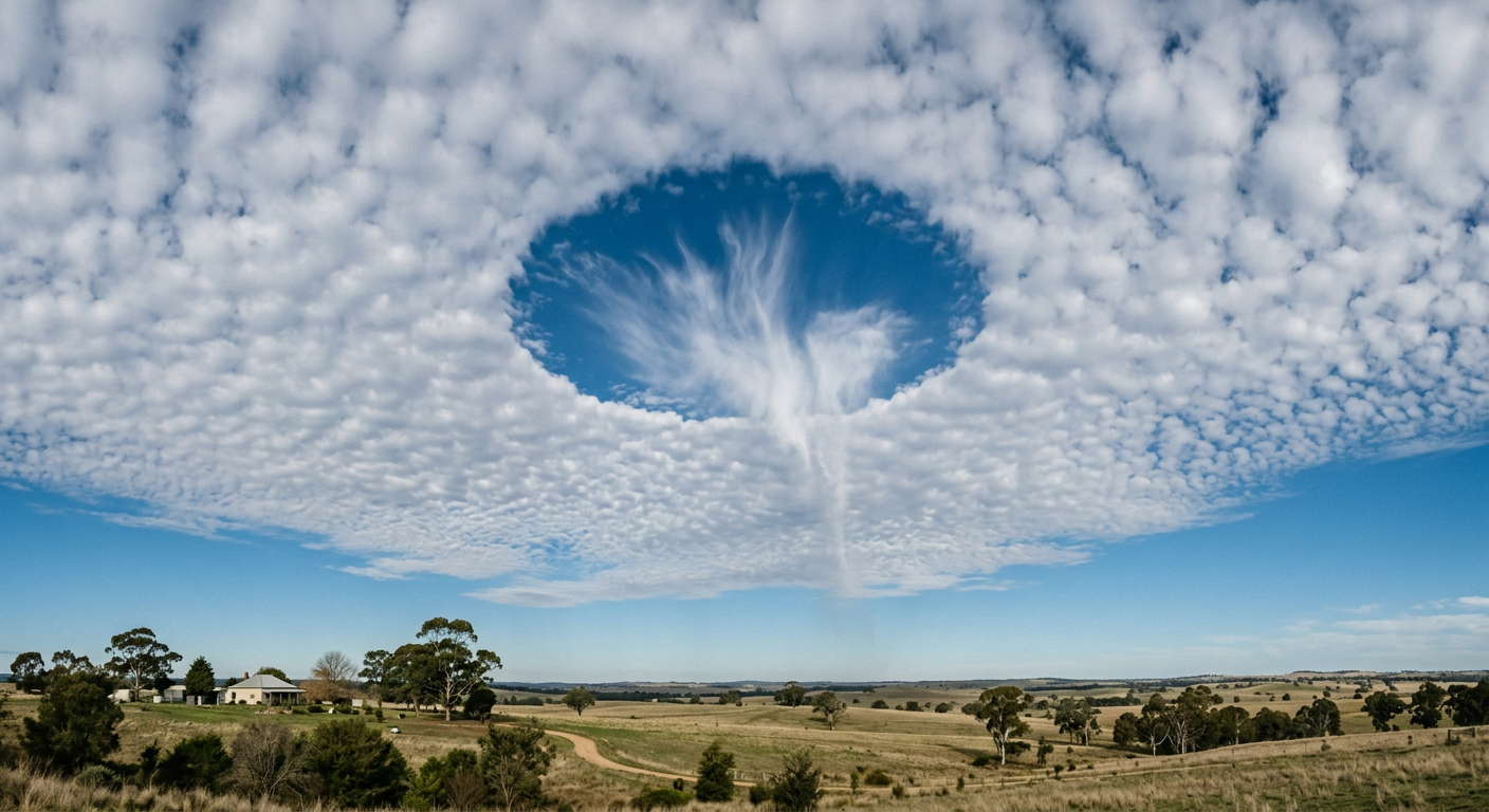 A fallstreak hole in an altocumulus cloud deck with thin virga below