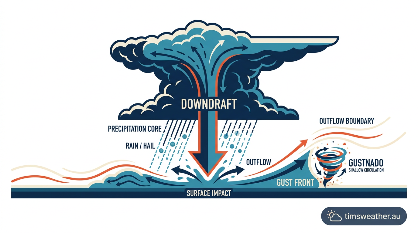 Diagram showing how do gustnadoes form from thunderstorm downdrafts and outflow boundaries