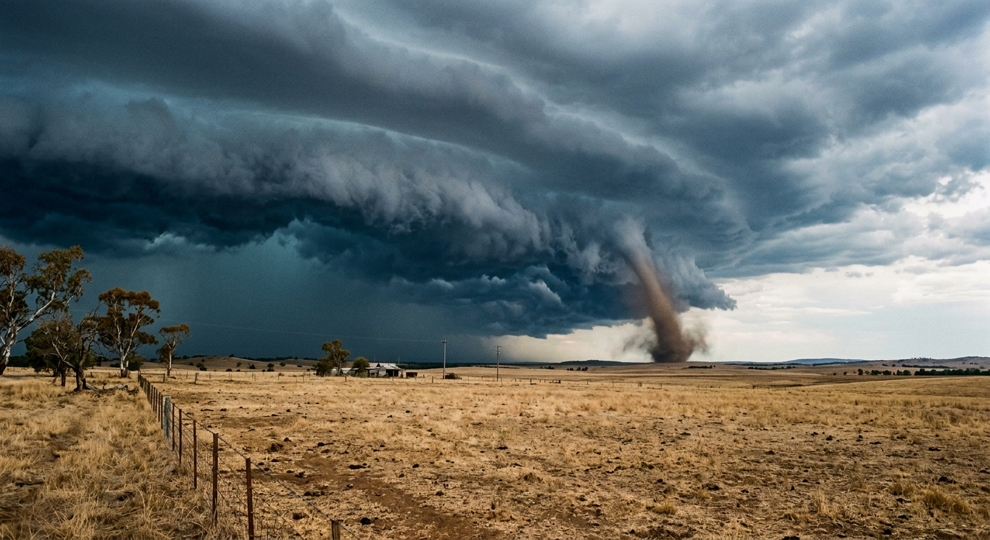 A gustnado forming along a severe squall line in rural Australia ahead of a cool change