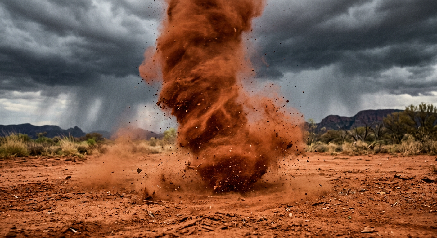 A dusty gustnado at ground level showing no connection to the storm cloud base above