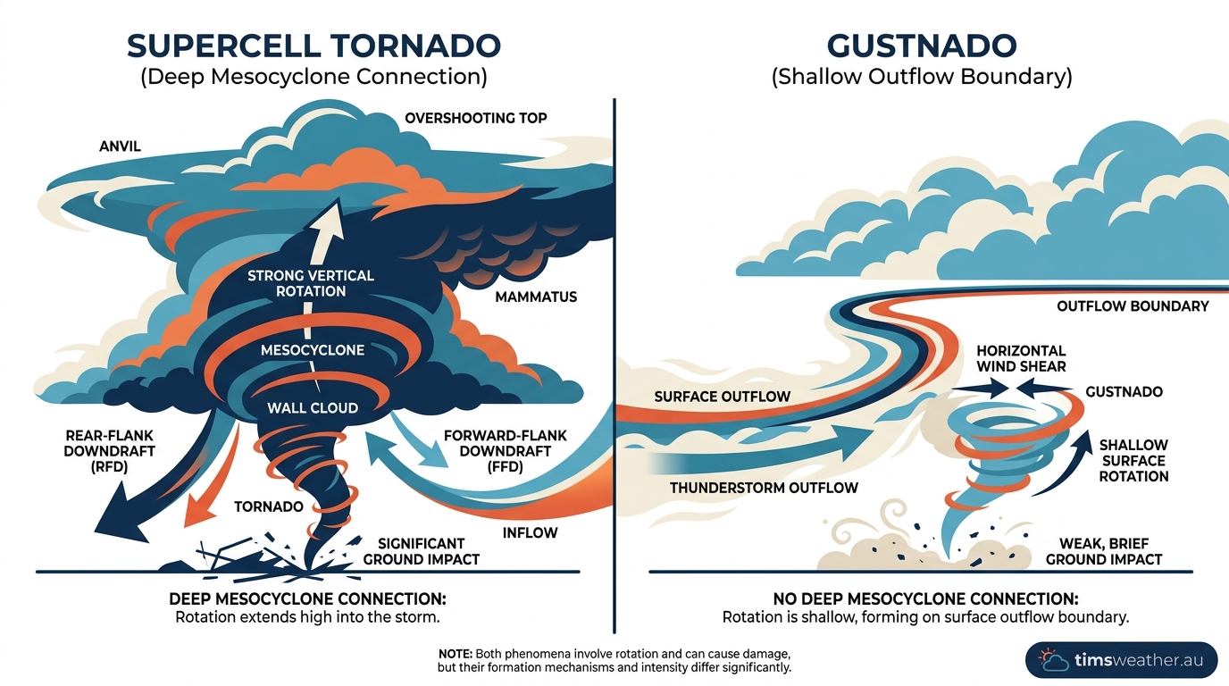 Comparison chart showing the structural differences between a gustnado and a true supercell tornado