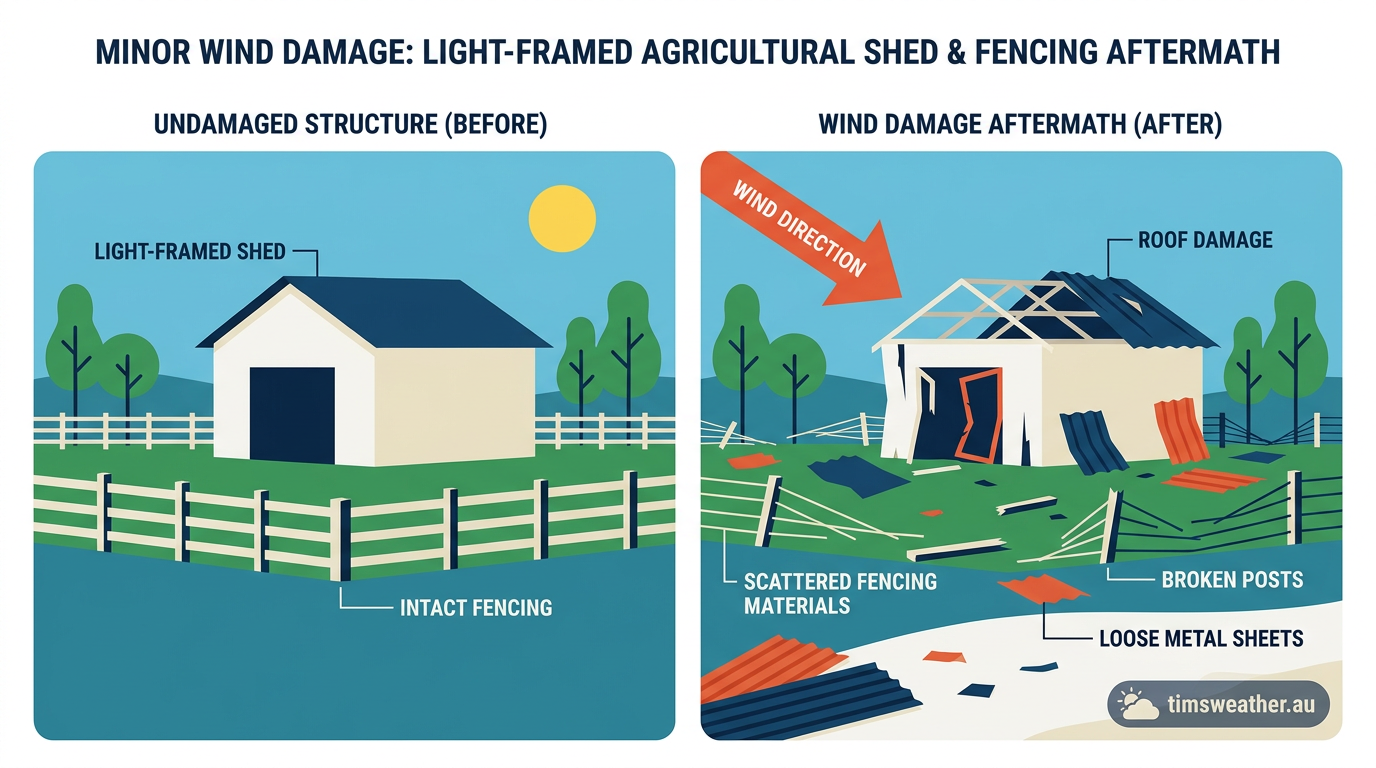 Wind damage to a farm shed caused by a brief gustnado during a severe thunderstorm