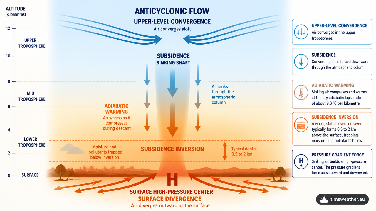 Diagram of sinking air causing atmospheric mass accumulation in an anticyclone