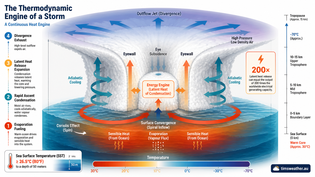 Diagram explaining how do hurricanes form through latent heat release and convection currents over warm ocean waters.