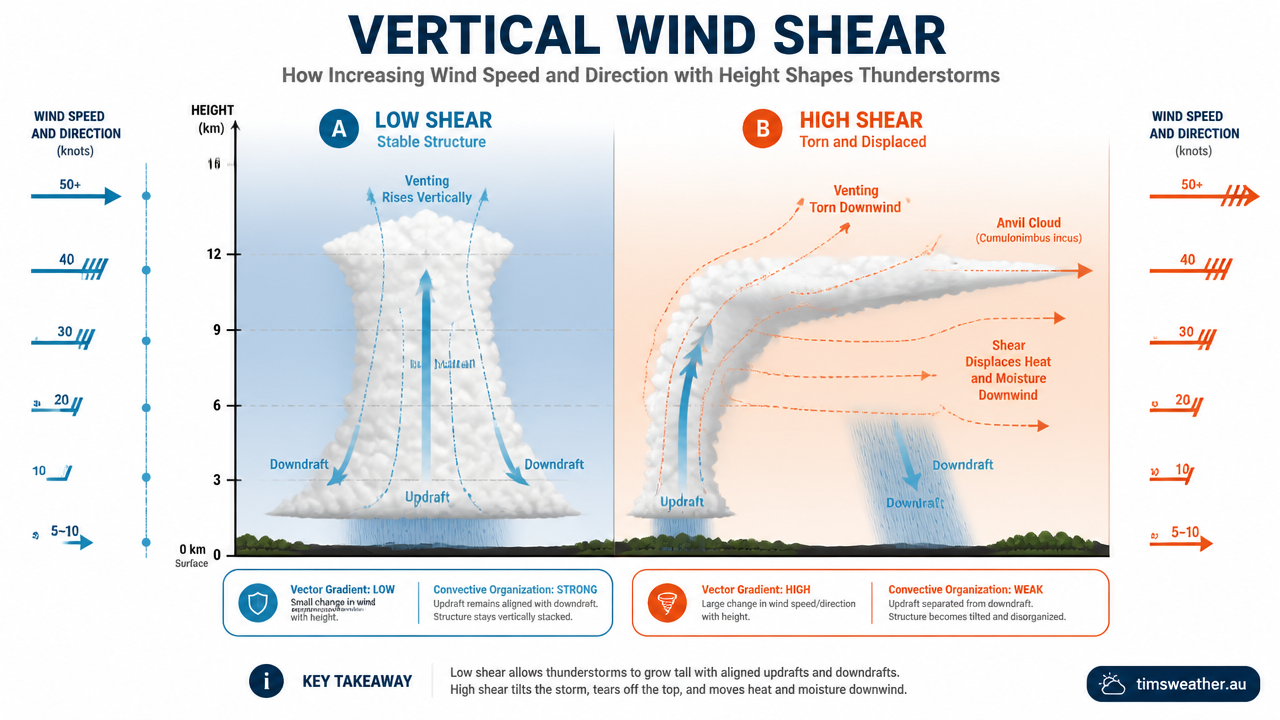Infographic showing the impact of vertical wind shear on tropical hurricane development and atmospheric pressure systems.