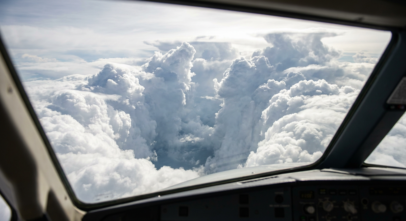 Close-up photograph of the eyewall clouds of a mature storm showing intense vertical convection.
