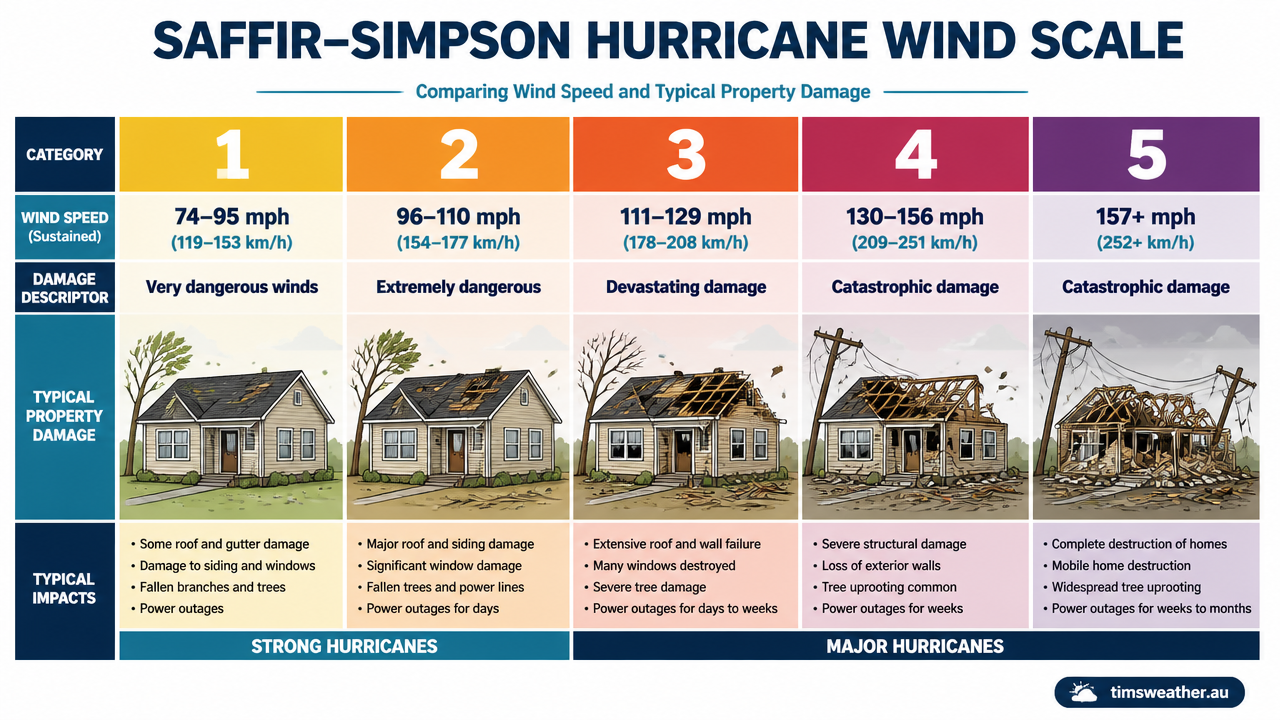 The Saffir-Simpson Hurricane Wind Scale infographic comparing wind speeds and damage levels for categories 1 to 5.